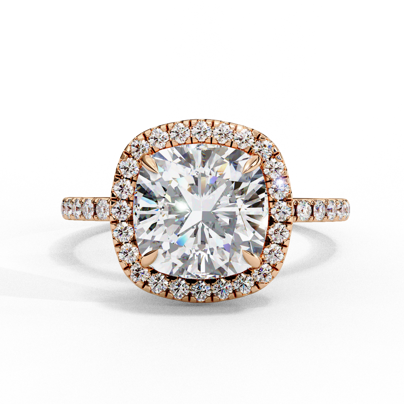 Cushion Cut Diamond Engagement Ring with Halo and Pave Band