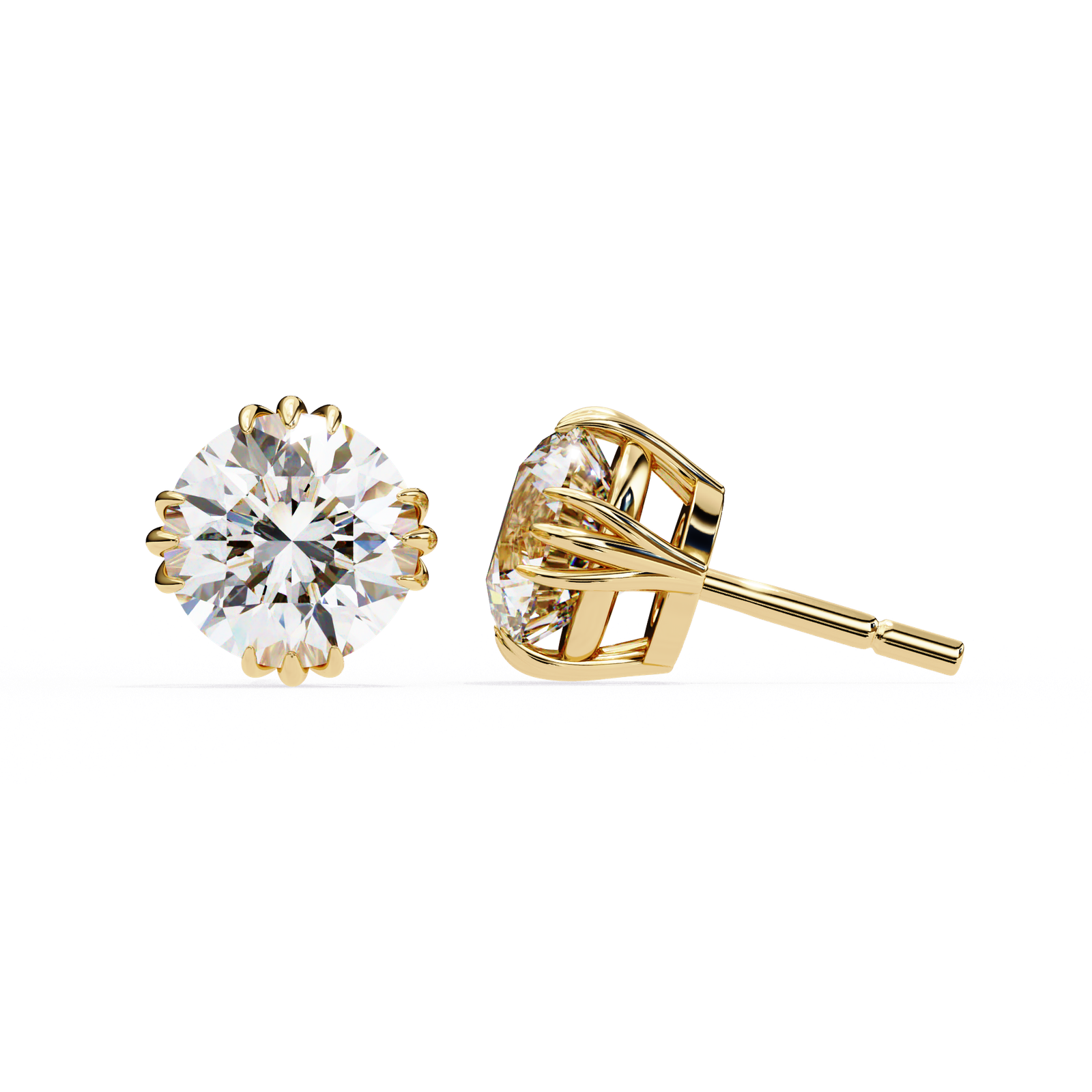 Round Diamond Stud Earrings with Lotus-Inspired Setting